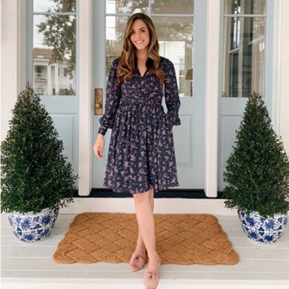 GAL MEETS GLAM Navy Pink‎ Kelsey Floral Long Sleeve Surplice Dress NWT